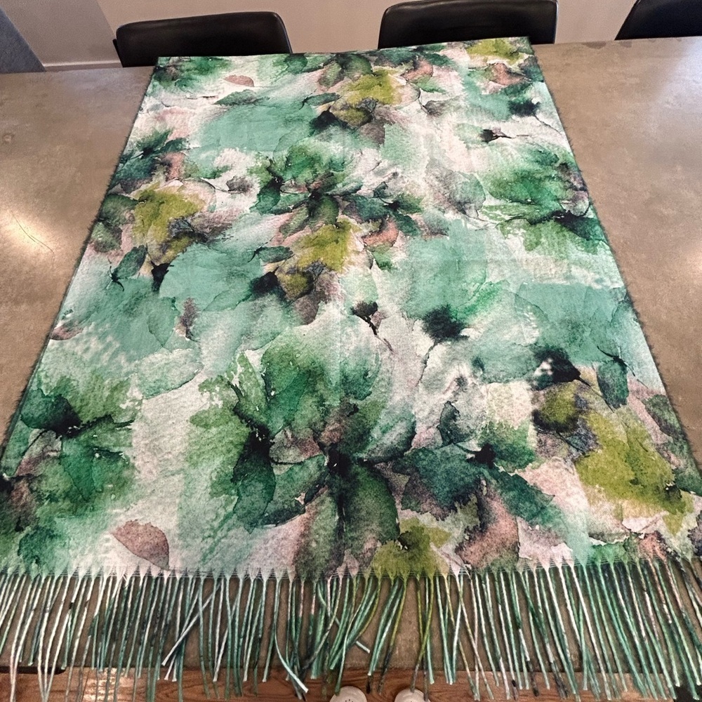 Watercolour woman’s scarf with fringe. Stunning colours. Imported from Hungary.
